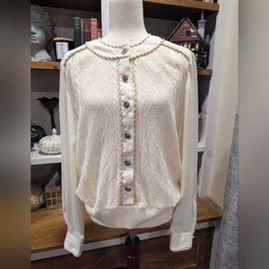 Vintage Philippe Marques Cord Knit Front Satin Button Up Blouse Size Large READ